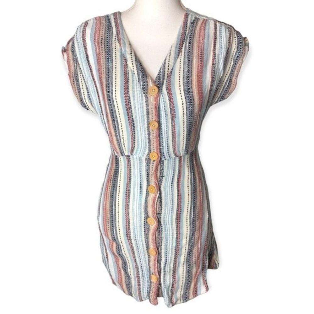 Blue Rain Striped Short Sleeve Button Front Mini Dress
